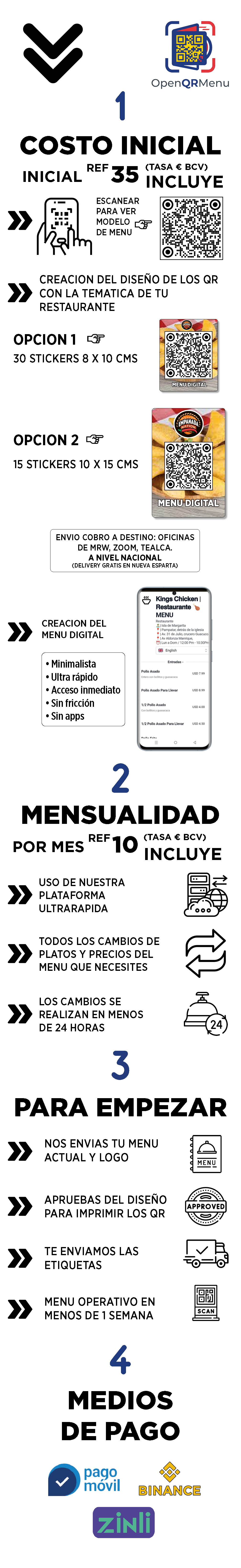 OpenQRMenu – Menú Digital con QR para tu Restaurante. Costo inicial REF 35, Mensualidad por mes REF 10, Para empezar envíanos tu menú y logo. Medios de pago: Pago Móvil, Binance, Zinli.